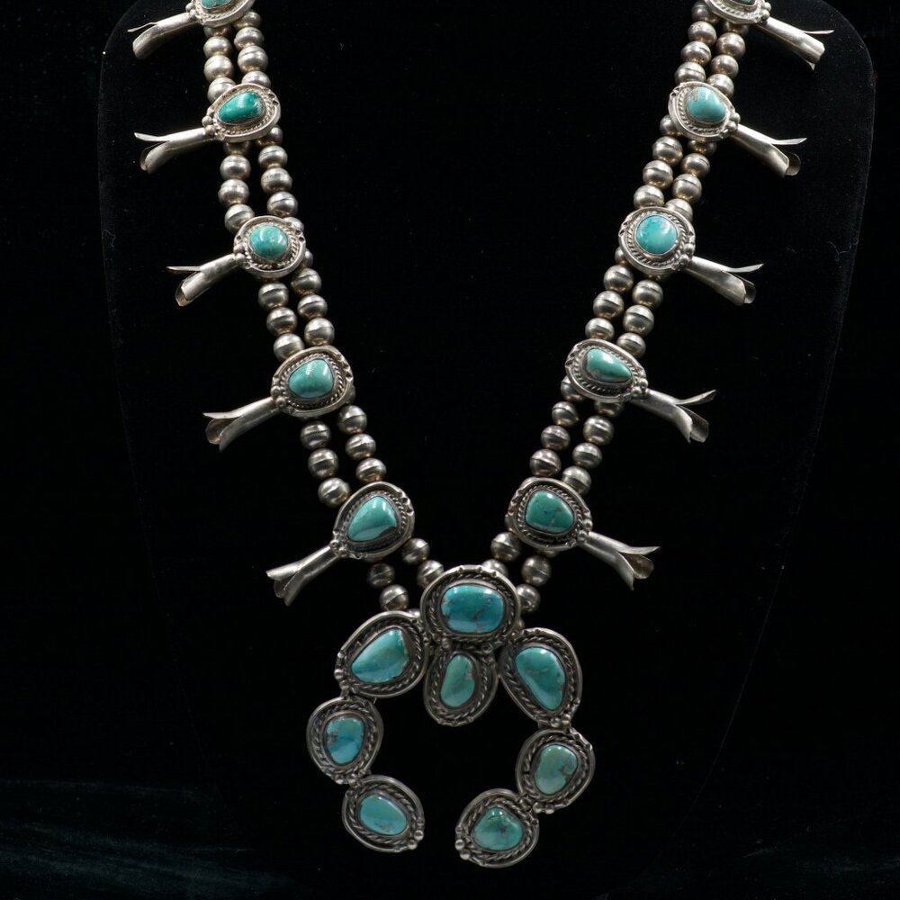 Vintage Native American Squash Blossom Necklace. Unsigned. 30-1/2 inches.
